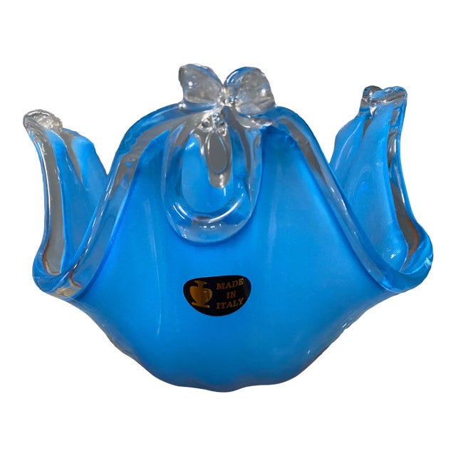 Blue Murano Vaso Fazzoletto Bowl With Clear Glass Filigree For Sale