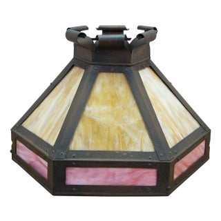 Antique Arts & Crafts Octagonal Caramel & Pink Slag Glass Panel Lamp Shade 17" For Sale