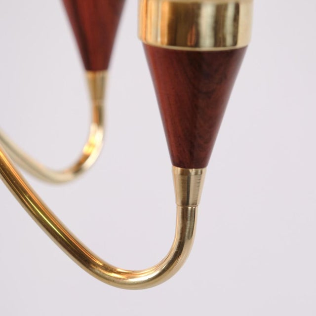 Brown 5-Arm Chandelier in Brass and Teak with Opal Glass by Bent Karlby for Lyfa 1960s For Sale - Image 8 of 13