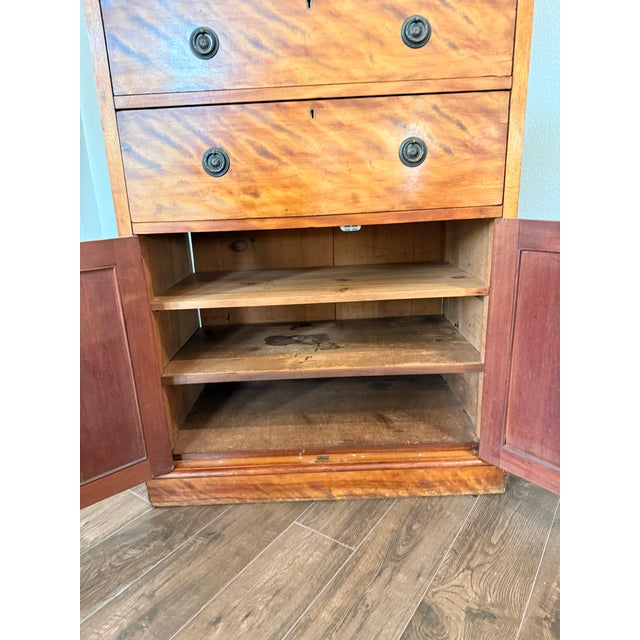 Late 19th Century Antique Tiger Maple Gentleman’s Chest of Drawers Late Victorian Curly Maple Chiffonier Refinished Fiddleback Wood Tallboy Cabinet 53" For Sale - Image 5 of 16
