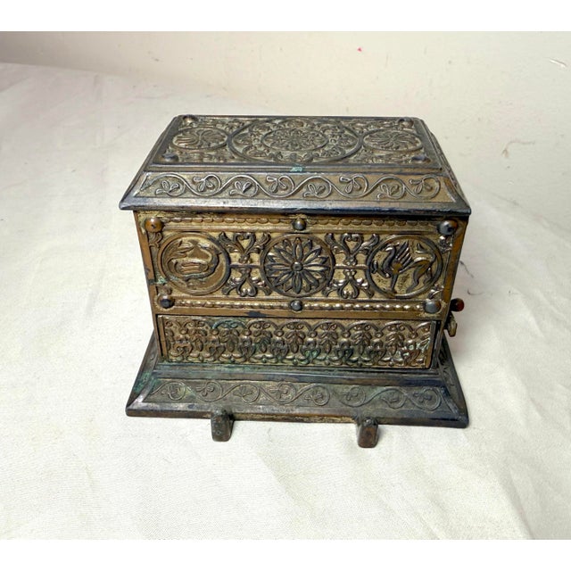 1920s Antique Ornate Eastlake Bronze Patinated Metal Cigarette Dispenser Box Jar For Sale - Image 5 of 13