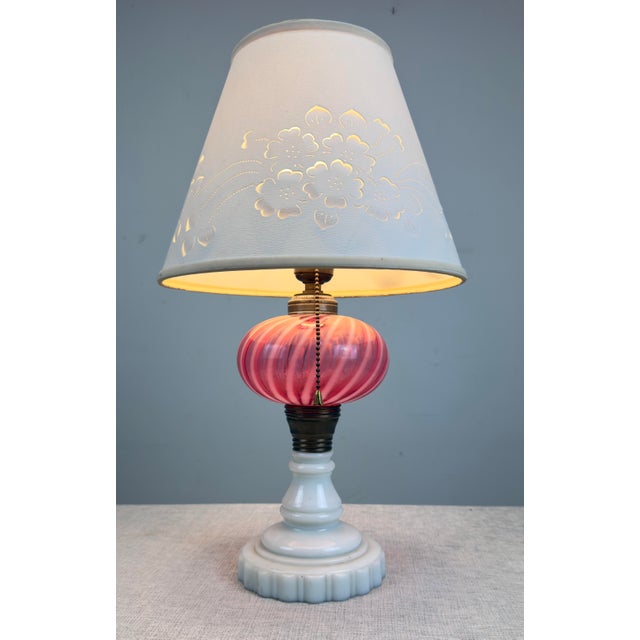 American Antique Fenton / L G Wright Style Cranberry & Milk Glass Converted Oil Lamp For Sale - Image 3 of 10