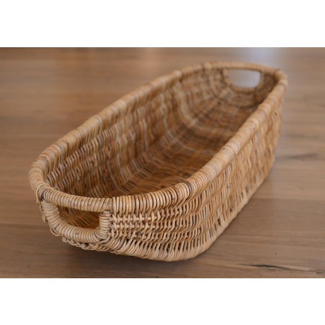 Wood Large Vintage Boat-Shaped Wicker Rattan Basket With Handles For Sale - Image 7 of 14