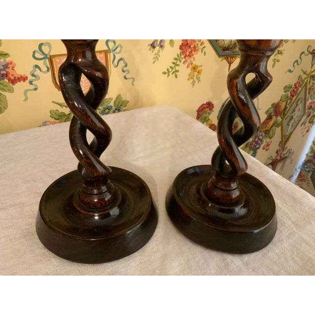 English Victorian Oak & Brass Open Barley Twist Candlesticks Pair For Sale - Image 4 of 12