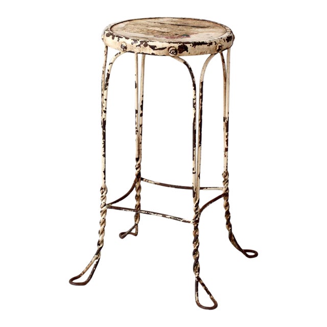 Vintage Twisted Iron Garden Stool With Wood Top For Sale