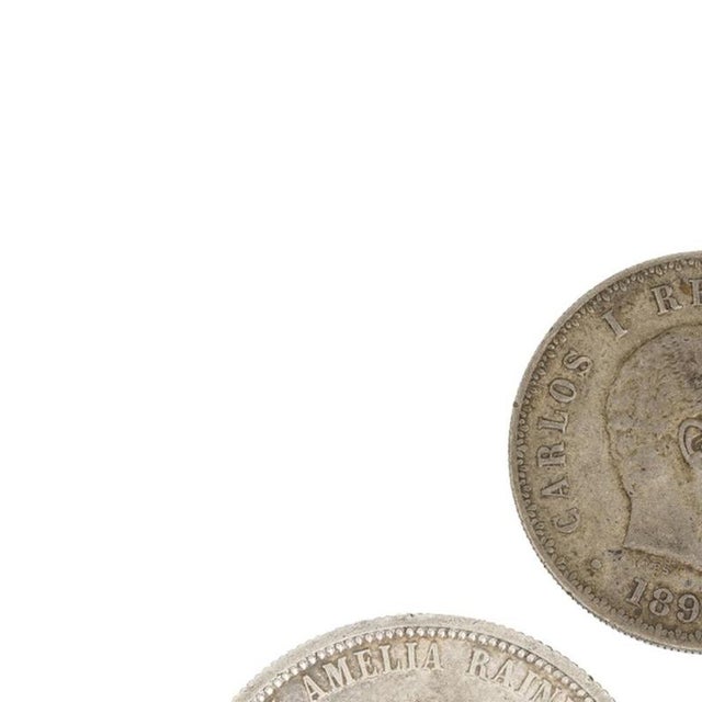Coins - Two coins and a medal. Portuguese silver coins: 500 Reis of King Carlos in 916-thousandths silver, 100 Reis of...