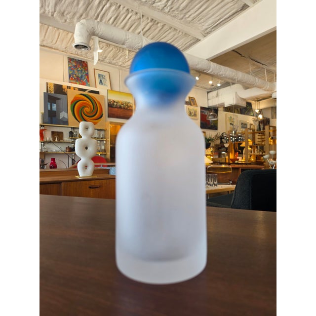 Blue Vintage Frosted Glass Decanter / Bottle With Cobalt Blue Ball Stopper For Sale - Image 8 of 14