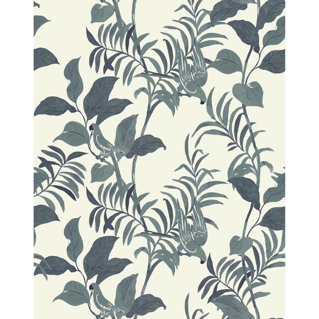 Tropical Birds Wallpaper by Paule Marrot in Gray and Off-White For Sale