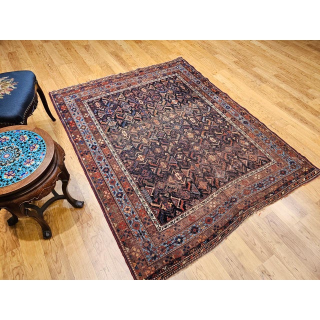 19th Century Persian Afshar Tribal Rug, Handwoven Wool, All-Over Geometric Pattern, Navy & Blue, 5x6 For Sale - Image 9 of 18