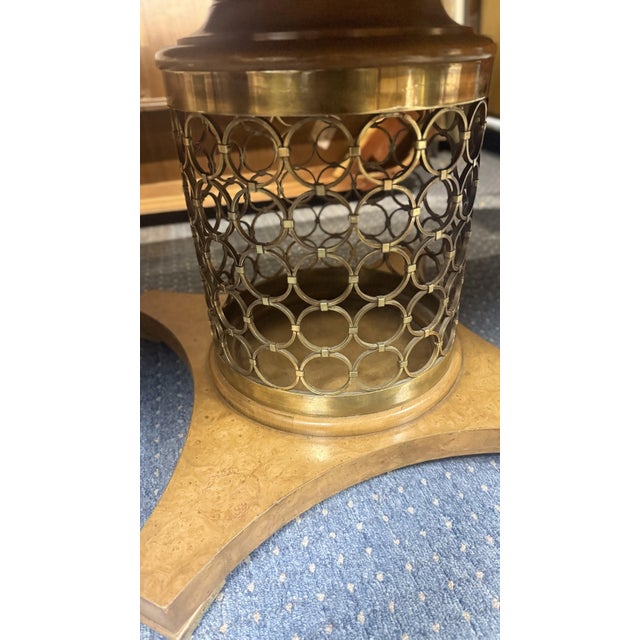 1960s Mastercraft Burl Wood Expandable Round Dining Table With Brass Pedestal Base and Three Leaves For Sale - Image 11 of 12