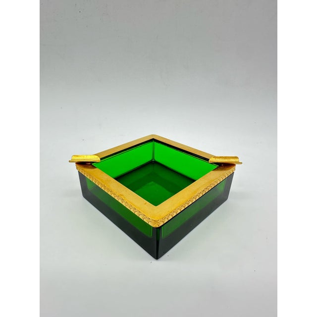 Antique Bohemian Green Crystal Ashtray in Polished Edge Mounted in Bronze on Dark Emerald Green Color in Square Shape, 1920s For Sale - Image 11 of 11