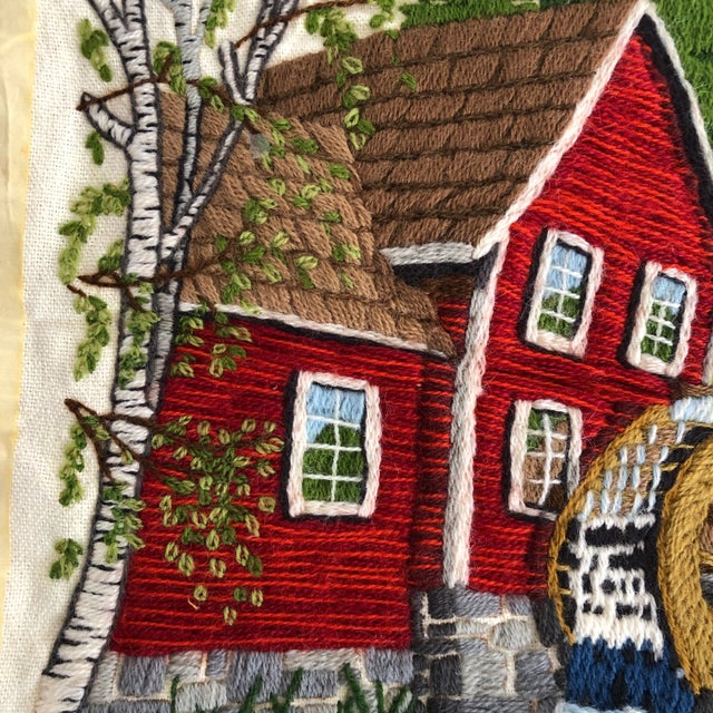Vintage , handmade embroidered country landscape wall art textile , no makers mark, in excellent condition. 19.5"H X 15.5" W