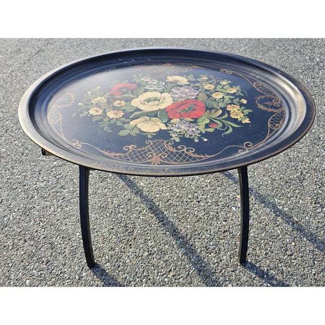 19th Century French Painted Tole Tray With Folding Stand For Sale - Image 4 of 9