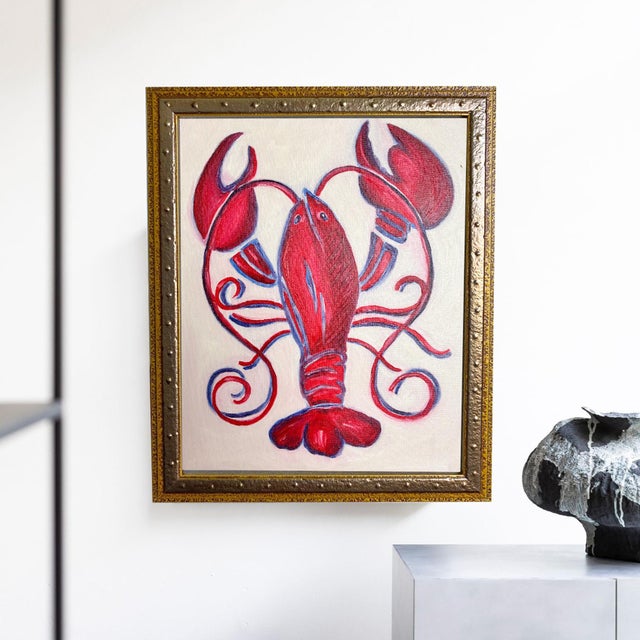 Original Lobster Painting in Ornate Gold Studded Frame, Oil on Canvas, 13" X 16" by Tatiana Duperault For Sale - Image 4 of 5