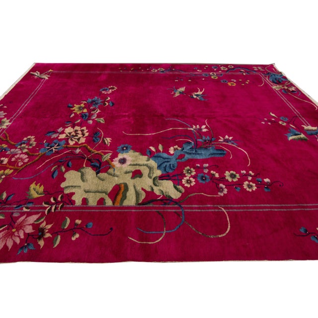 1920s Antique Art Deco Chinese Red Wool Rug 9 Ft 2 in X 11 Ft 6 In. For Sale - Image 5 of 10