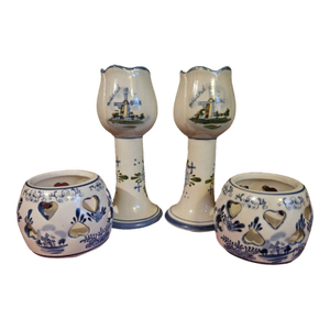 Vintage Delft Windmills & Hearts Hand Painted Tulip Candle Holders & Votives Set of 2