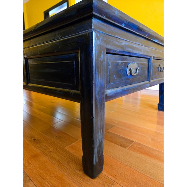 Chinese Vintage Chinese Blue Lacquer Coffee Table With Two Drawers For Sale - Image 3 of 9