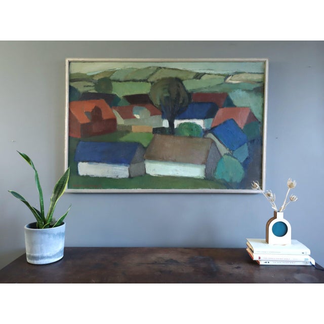 Mid-Century Modern 1963 Mid-Century Modern 'Houses by the Rolling Hills' Vintage Swedish Expressive Landscape Oil Painting, Framed For Sale - Image 3 of 12
