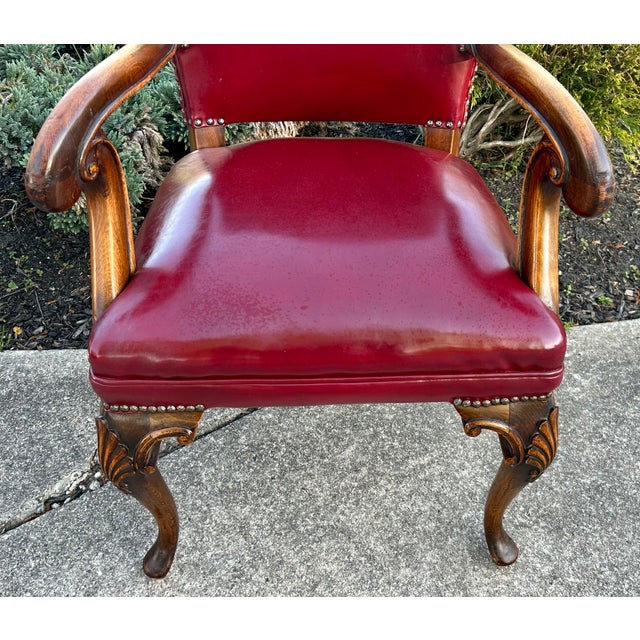 Traditional Vtg. Carved Wood English Regency Style Library Chair For Sale - Image 3 of 12