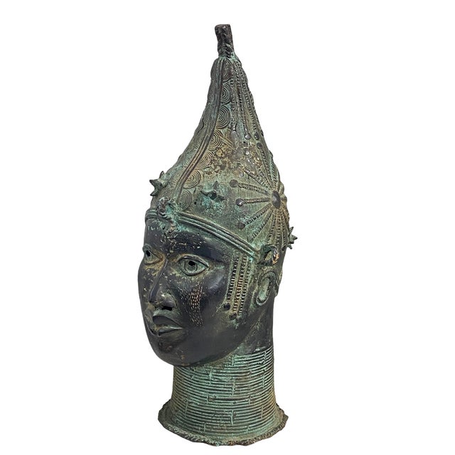 Superb Benin Bronze Head of a Queen Nigeria African 20" h by 7.5" w by 9" D Benin heads were kept on altars. Benin art is...