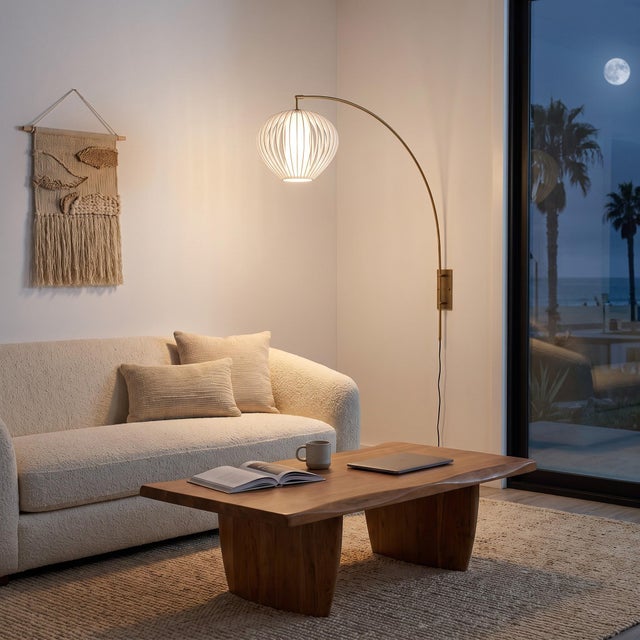 Contemporary Bloom Wall Arc Lamp - Weathered Brass, Sphere White Satin Shade, Dimmable For Sale - Image 3 of 6