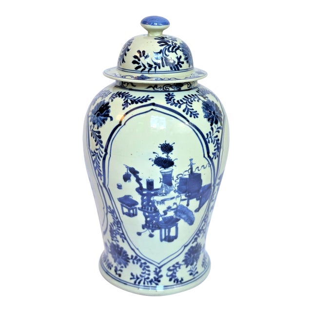 Contemporary Chinoiserie White & Blue Botanical Ginger Jar For Sale