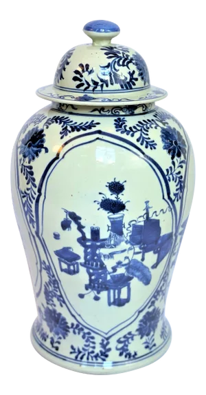Contemporary Chinoiserie White & Blue Botanical Ginger Jar