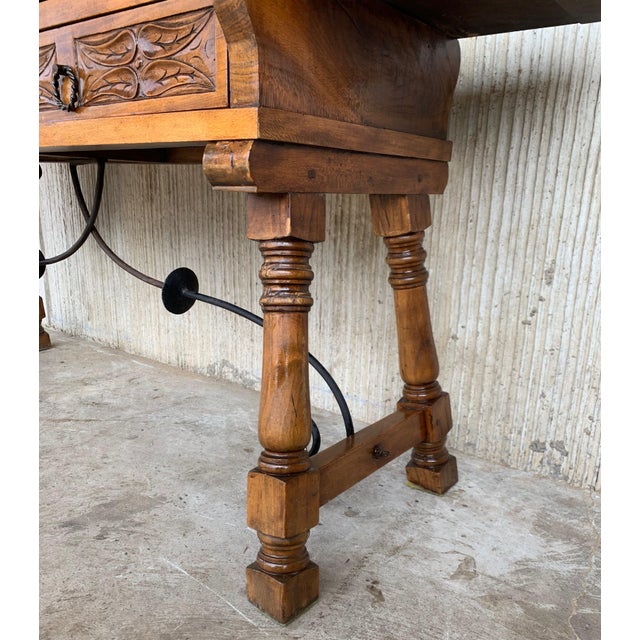 Brown Early 20th Spanish Console Fold Out Table With Iron Stretcher and Two Drawers For Sale - Image 8 of 13