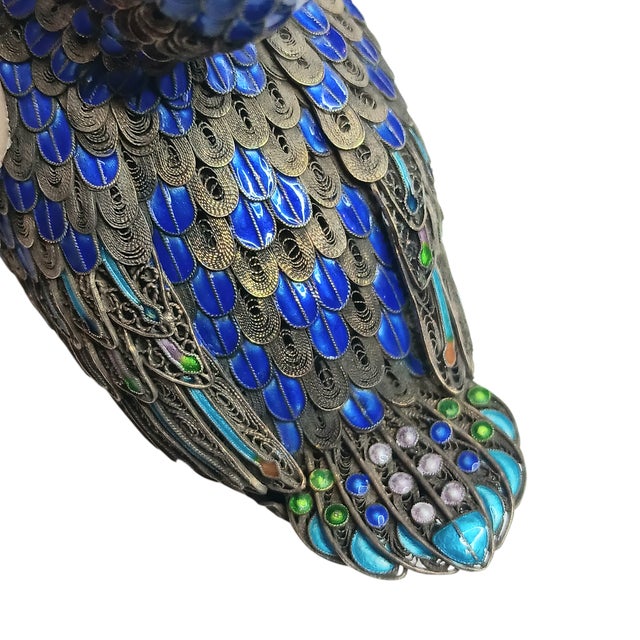 Vintage Filigree Enamel Duck Bird Figurine Sterling Silver Beak and Feet Blue & Gold With Green Eyes For Sale - Image 10 of 16