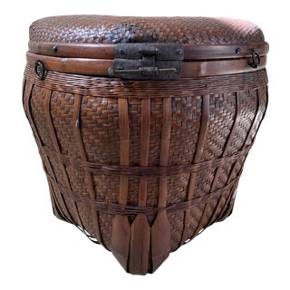 Late 19th Century Large Woven Bamboo Asian Storage Basket For Sale