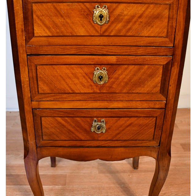 Brown 1920s Antique French Louis XV Walnut Satinwood Inlay & Marble Top Lingerie Stand For Sale - Image 8 of 18