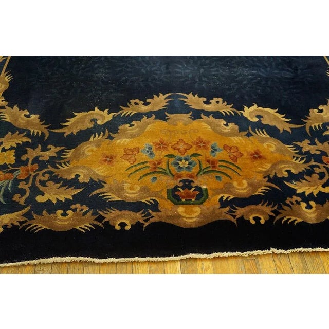 Textile 1920s Blue Navy Traditional Antique Chinese Art Deco Carpet 9'6" X 13'2" Knotted Wool Rug For Sale - Image 7 of 11