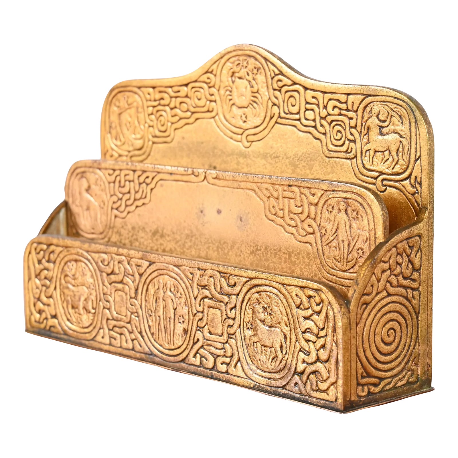 Tiffany Studios New York 'Zodiac' Bronze Doré Letter Rack | Chairish