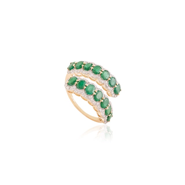 Art Deco Natural 2 Ct Emerald Open Face Diamond Chic Cocktail Ring Size 8 in 14k Gold For Sale - Image 3 of 14