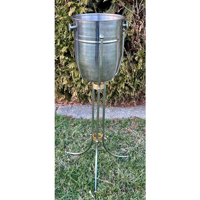 1970s Vtg. Polished Steel and Bronze Champagne Bucket With Stand For Sale - Image 5 of 11