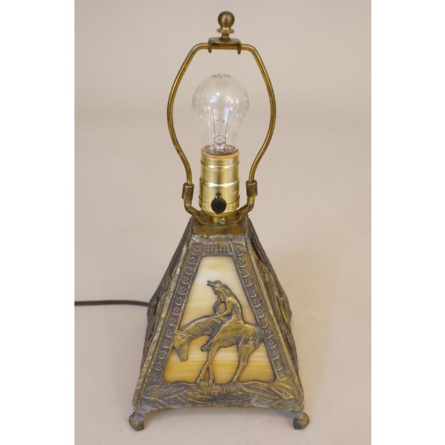 Brass 1980s Native American Indian End of Trail Caramel Slag Stained Glass Shade Table Lamp For Sale - Image 8 of 11