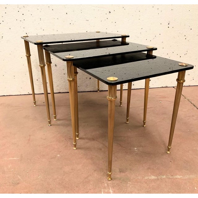 Nesting Table in Brass and Black Glass, 20th Century, Set of 3 For Sale - Image 11 of 12