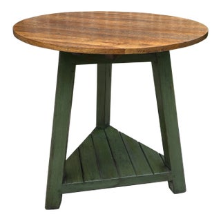 Vintage English Round Cricket Table End Table Side Table Oak 3-Legged Green Base For Sale