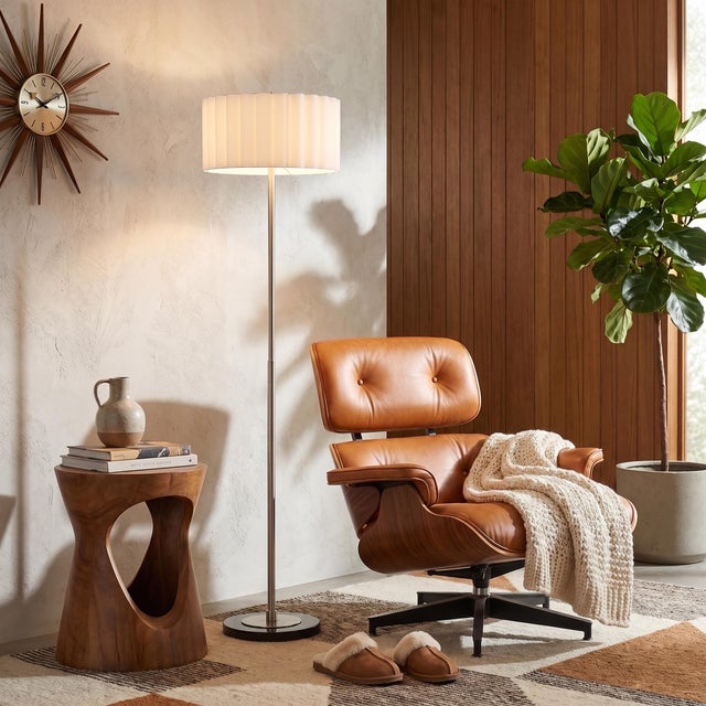 Nova Slimline Floor Lamp - Modern Satin Nickel Steel Body, White Linen Drum Shade, 61" Tall, Integrated Dimmer For Sale - Image 4 of 5