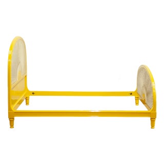 Yellow Lacquered Wooden Bed with Vienna Straw, 1980s For Sale