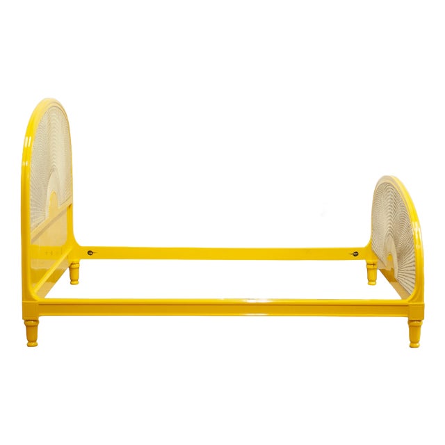 Yellow Lacquered Wooden Bed with Vienna Straw, 1980s For Sale