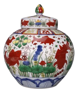 Chinese Vintage Ceramic Pot,Ming Dynasty Jiajing Marked Blue and White Famille Verte Porcelain Gingeer Jar Hand Painted Fishes and Waterweeds Pattern