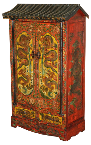 Vintage Chinese Red Dragons Painted Pagoda Top Wardrobe with Drawers