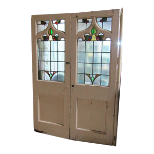 Antique English Victorian Gothic Pine Glass Double Doors - a Pair