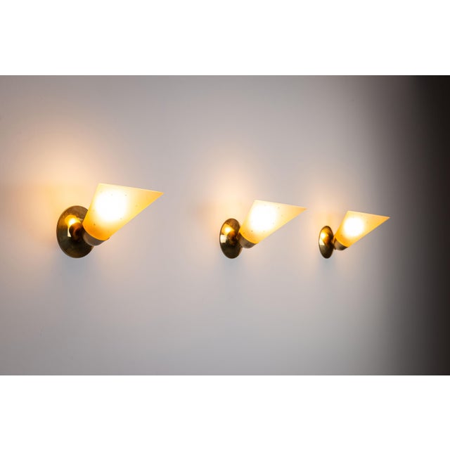 Mid-Century Modern Vintage Brass Sconces with Decorated Yellow Glass Shades, 1960s, Set of 3 For Sale - Image 3 of 18