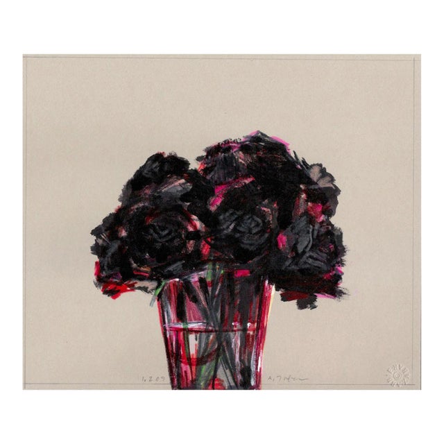 Abbie Zabar Red Roses in Red Glass Beaker 1.2.09 Drawing by Abbie Zabar For Sale