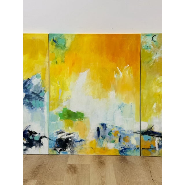 Early 21st Century Set of 3 Modern Abstract Paintings Yellow Green Blue Wall Art Acrylic on Canvas For Sale - Image 5 of 16