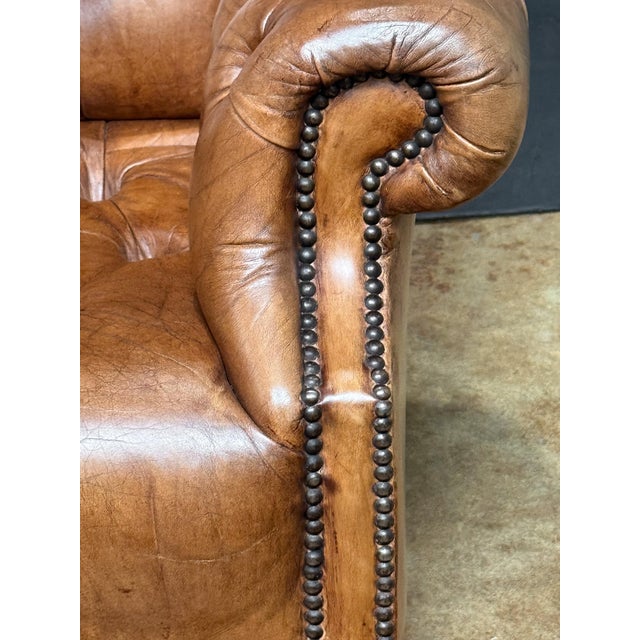 Large English Wing Back Chair of Tufted Tanned Leather With Nail-Head Trim For Sale - Image 11 of 16
