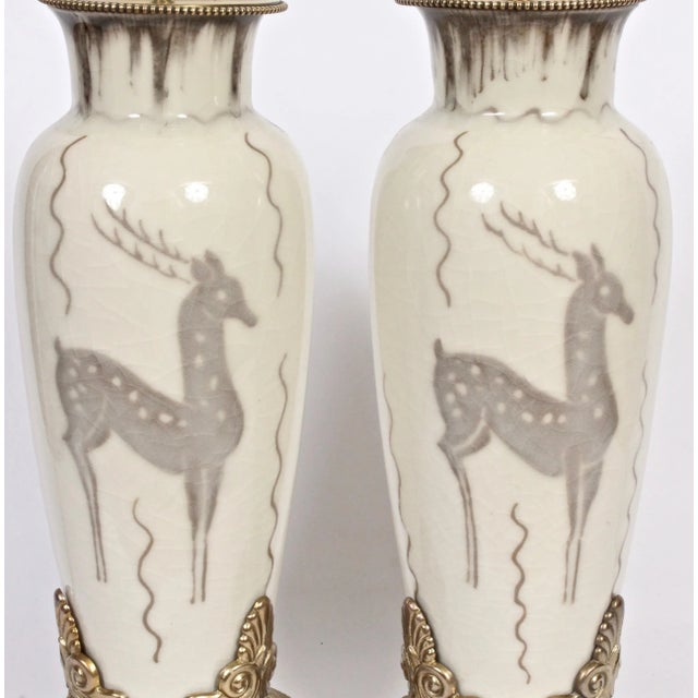1940s Loretta Holtkamp for Rookwood Pottery "Stag" Table Lamps 1949 - A Pair For Sale - Image 5 of 12
