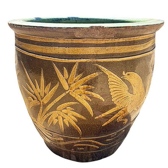 Ceramic 19th Century Large Bird & Bamboo Art Pottery Chinese Egg Pot Jardinière Planter For Sale - Image 7 of 8